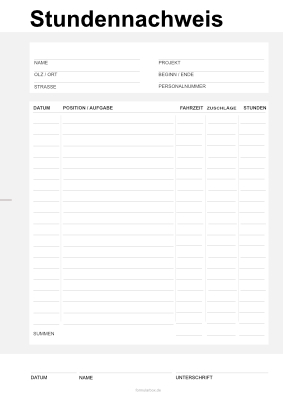 Organisieren, Planen: Stundennachweis mit Zuschlägen. PDF Datei