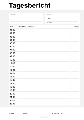 Tagesbericht, 01.00 - 23.00 Uhr Formular, Vordruck: Tagesbericht vom 01.00 - 23.00 Uhr mit Verantwortlichkeit.