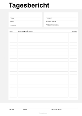 Tagesbericht mit Status Formular, Vordruck: Tagesberich (Zeit, Tätigkeit) mit Status. Druckbare ...