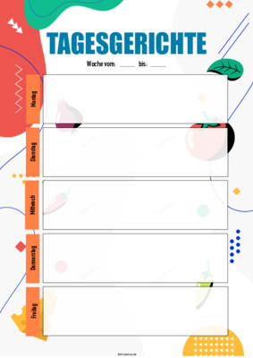 Speiseplan, Tagesgerichte, Früchte Formular, Vordruck (Früchte): Speiseplan Tagesgerichte Montag bis Freitag. Wochenplan im Hochformat.