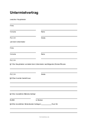 Formular, Vordruck: Untermietvertrag Gewerbe. Für gewerbliche Zwecke zum Ausdrucken. Untermietvertrag für gewerbliche Vermieter und Mieter (PDF) als PDF Datei