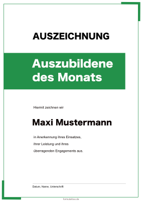 Urkunden Ehrung: Urkunde Auszubildene des Monats (Grün). PDF Datei
