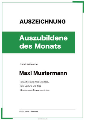 Urkunde Auszubildene des Monats (Grün) Urkunde Auszeichnung Auszubildene des Monats in Grün. Urkundenvorlage im DIN-A4 Hochformat zum Ausdrucken.