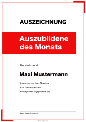 Urkunden Ehrung: Urkunde Auszubildene des Monats (Rot). PDF Datei