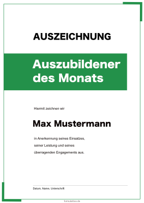 Urkunde Auszubildener des Monats (Grün) Urkunde Auszeichnung Auszubildener des Monats in Grün. Urkundenvorlage im DIN-A4 Hochformat zum Ausdrucken.