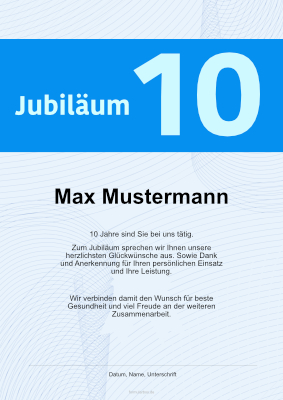 Urkunden Ehrung: Urkunde für langjährige Mitarbeiter, 10 Jahre (Blau). PDF Datei