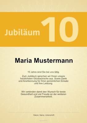 Urkunden Ehrung: Urkunde für langjährige Mitarbeiter, 10 Jahre (Gold). PDF Datei