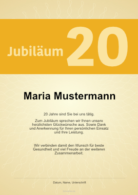 Urkunden Ehrung: Urkunde für langjährige Mitarbeiter, 20 Jahre (Gold). PDF Datei