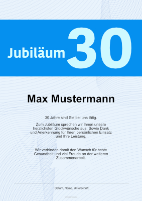 Urkunde für langjährige Mitarbeiter, 30 Jahre (Blau) Ehrenurkunde 30 Jahre Betriebszugehörigkeit, Betriebsjubiläum in Blau.