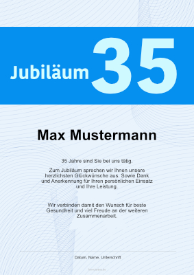 Ehrenurkunde 35 Jahre Betriebszugehörigkeit, Betriebsjubiläum in Blau. Urkunde für langjährige Mitarbeiter, 35 Jahre (Blau) als PDF Datei