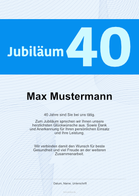 Urkunden Ehrung: Urkunde für langjährige Mitarbeiter, 40 Jahre (Blau). PDF Datei