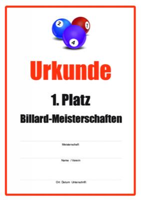 Urkunde Billard-Meisterschaften 3 Billardurkunden für Billard-Meisterschaften. Siegerurkunden für Platz 1 bis 3.