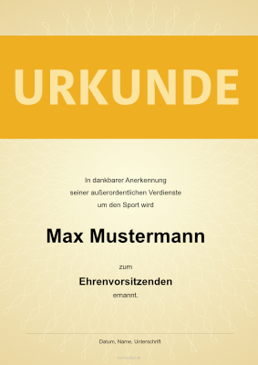 Urkunde Ehrenvorsitzenden, Sport, Gold Ehrenurkunde (Gold) zur Ernennung zum Ehrenvorsitzenden für einen Sport-Verein.