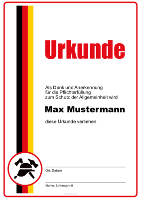 Urkunden Ehrung: Feuerwehr-Urkunde mit Band und Text. PDF Datei