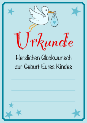 Urkunden Kinder: Urkunde Geburt eines Kindes, Blau. PDF Datei