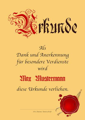 Urkunde für besondere Verdienste (Gold) Goldene Ehrenurkunde für besondere Verdienste mit Texteindruck.