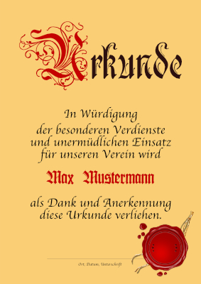 Urkunden Ehrung: Urkunde für besondere Verdienste für Verein (Gold). PDF Datei