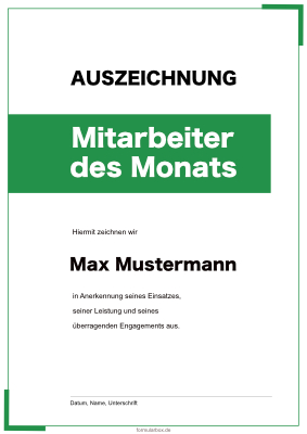 Urkunden Ehrung: Urkunde Mitarbeiter des Monats (Grün). PDF Datei