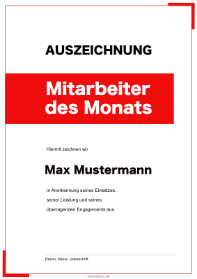 Urkunden Ehrung: Urkunde Mitarbeiter des Monats (Rot). PDF Datei