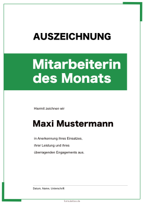 Urkunde Mitarbeiterin des Monats (Grün) Urkunde Auszeichnung Mitarbeiterin des Monats in Grün. Urkundenvorlage im DIN-A4 Hochformat zum Ausdrucken.