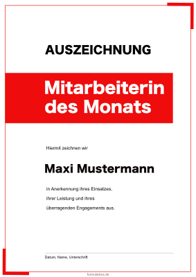 Urkunden Ehrung: Urkunde Mitarbeiterin des Monats (Rot). PDF Datei