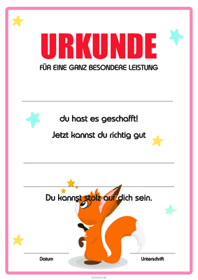 Urkunden Kinder: Kinder Urkunde für besondere Leistung II, Hörnchen II, Orange. PDF Datei