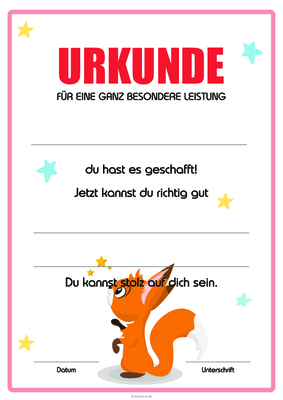 Kinder Urkunde für besondere Leistung, Hörnchen, Orange 2 Kinderurkunde für eine besondere Leistung, Hörnchen II, rosa Rahmen. Urkundenvorlage im DIN-A4 Hochformat zum Ausdrucken.