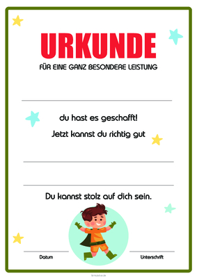 Kinder Urkunde für besondere Leistung, Held, Grün Kinderurkunde für eine besondere Leistung, Held, grüner Rahmen. Urkundenvorlage im DIN-A4 Hochformat zum Ausdrucken.