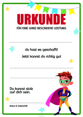 Urkunden Kinder: Kinder Urkunde für besondere Leistung, Superheld, Wimpel. PDF Datei