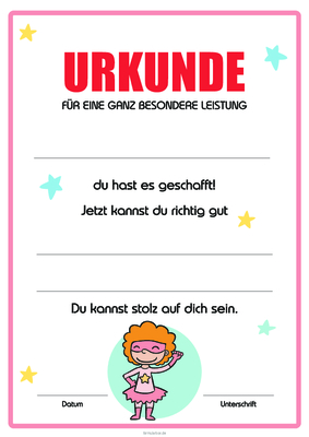 Urkunden Kinder: Kinder Urkunde für besondere Leistung, Superheldin, Rot. PDF Datei