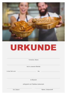Praktikumsurkunde Bäckerei, Konditorei Urkunde für Praktika in einer Bäckerei, Konditorei. Praktikumsurkunde im DIN-A4 Hochformat zum Ausdrucken.