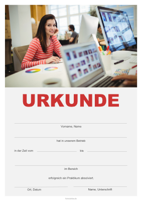 Praktikumsurkunde Medien, Design Urkunde für Praktika im Bereich Design, Druckerei. Vorlage für eine Urkunde zum Praktikum im DIN-A4 Hochformat.