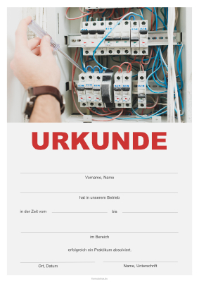 Praktikumsurkunde Elektrotechnik Urkunde für Praktika im Bereich Elektrotechnik. Praktikumsurkunde im DIN-A4 Hochformat zum Ausdrucken.