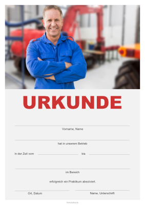 Urkunde für ein Praktikum im Baubetrieb. Praktikumsurkunde Baumaschinen als PDF Datei
