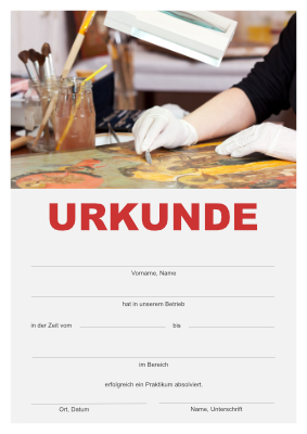Praktikumsurkunde Restauration, Kreativ Urkunde für Praktika im Bereich Restauration. Praktikumsurkunde im DIN-A4 Hochformat zum Ausdrucken.