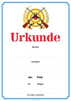 Urkunde Sportschießen, Blau Schießsport-Urkunde, blaue Urkunde Sportschießen mit Zielscheibe und Texteindruck.