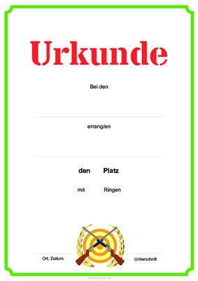 Urkunde Sportschießen, Grün Schießsport-Urkunde, grüne Urkunde Sportschießen mit Zielscheibe und Texteindruck.