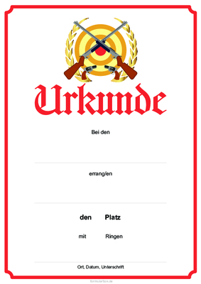 Urkunde Sportschießen, Rot Schießsport-Urkunde, rote Urkunde Sportschießen mit Zielscheibe und Texteindruck.