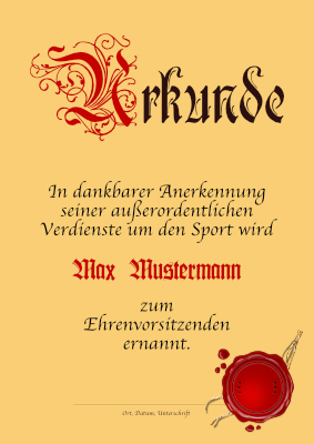 Urkunde Ehrenvorsitzenden, Gold Ehrenurkunde (Gold) zur Ernennung zum Ehrenvorsitzenden mit Texteindruck und ...
