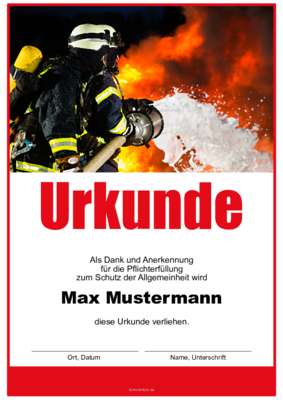 Urkunden Ehrung: Feuerwehr-Urkunde mit Foto (Brand) und Text. PDF Datei