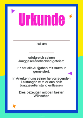 Urkunden Ehrung: Urkunde Junggesellenabschied (Blau, Gelb). PDF Datei