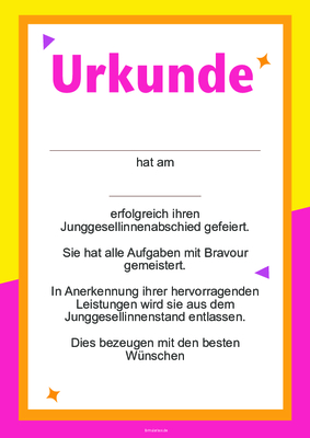 Urkunde Junggesellinabschied (Rot, Gelb) Ehrenurkunde zum Junggesellinabschied mit Texteindruck (Rot, Gelb).