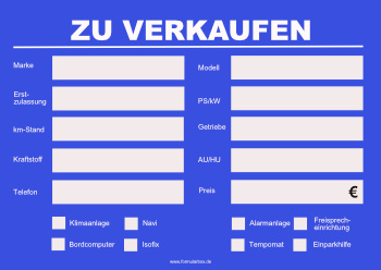 Fahrzeuge, Boote: Schild KFZ - ZU VERKAUFEN (Blau). PDF Datei