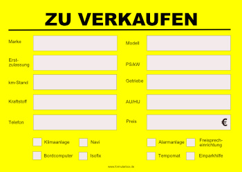 Fahrzeuge, Boote: Schild KFZ - ZU VERKAUFEN (Gelb). PDF Datei