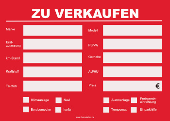 Fahrzeuge, Boote: Schild KFZ - ZU VERKAUFEN (Rot). PDF Datei