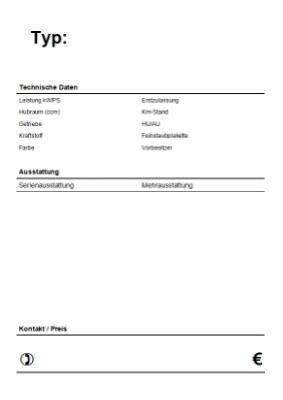 KFZ-Verkaufsschild 2 (PDF) - Vordruck mit den wichtigsten Daten zum Verkauf eines Autos / KFZ im Hochformat.