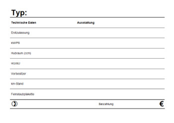 KFZ-Verkaufsschild 1 (PDF) - Vordruck mit den wichtigsten Daten zum Verkauf eines Autos / KFZ im Querformat.