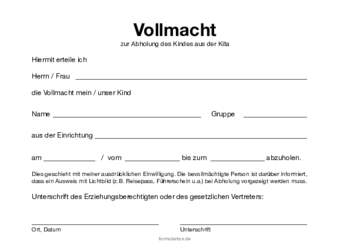 Beruf, Schule, Kita: Vollmacht Abholung Kita. PDF Datei