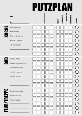 Organisieren, Planen: Putzplan, Reinigungsplan (Grau). PDF Datei