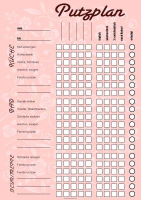 Organisieren, Planen: Putzplan, Reinigungsplan (Rosa). PDF Datei